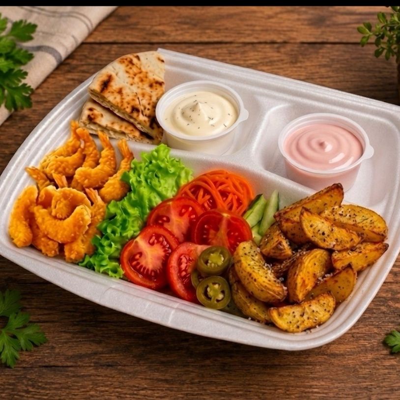 Шаурма на тарелке с креветками и картофелем по-деревенски