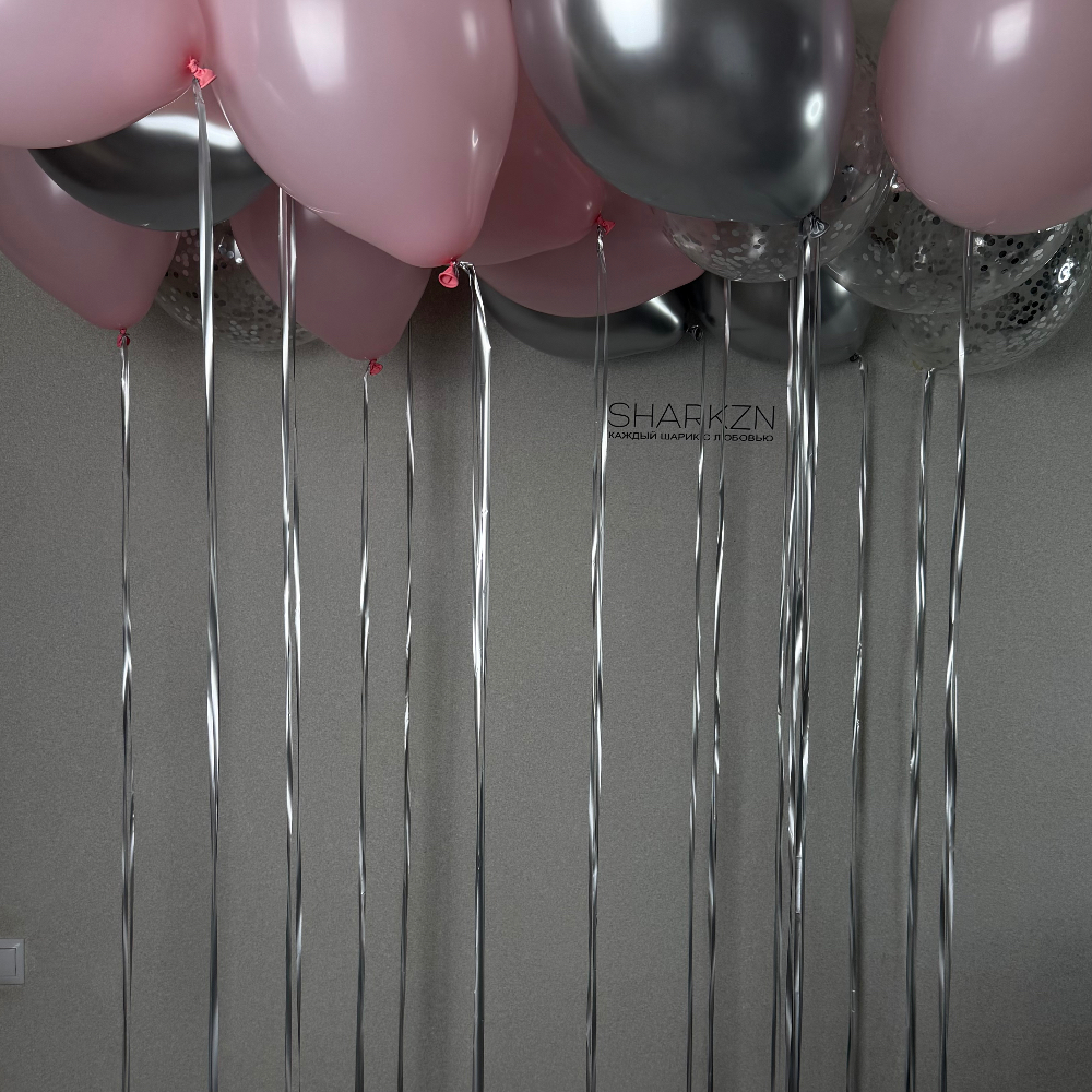 Шары под потолок Розовый, С конфетти и Серебро Хром 15шт
