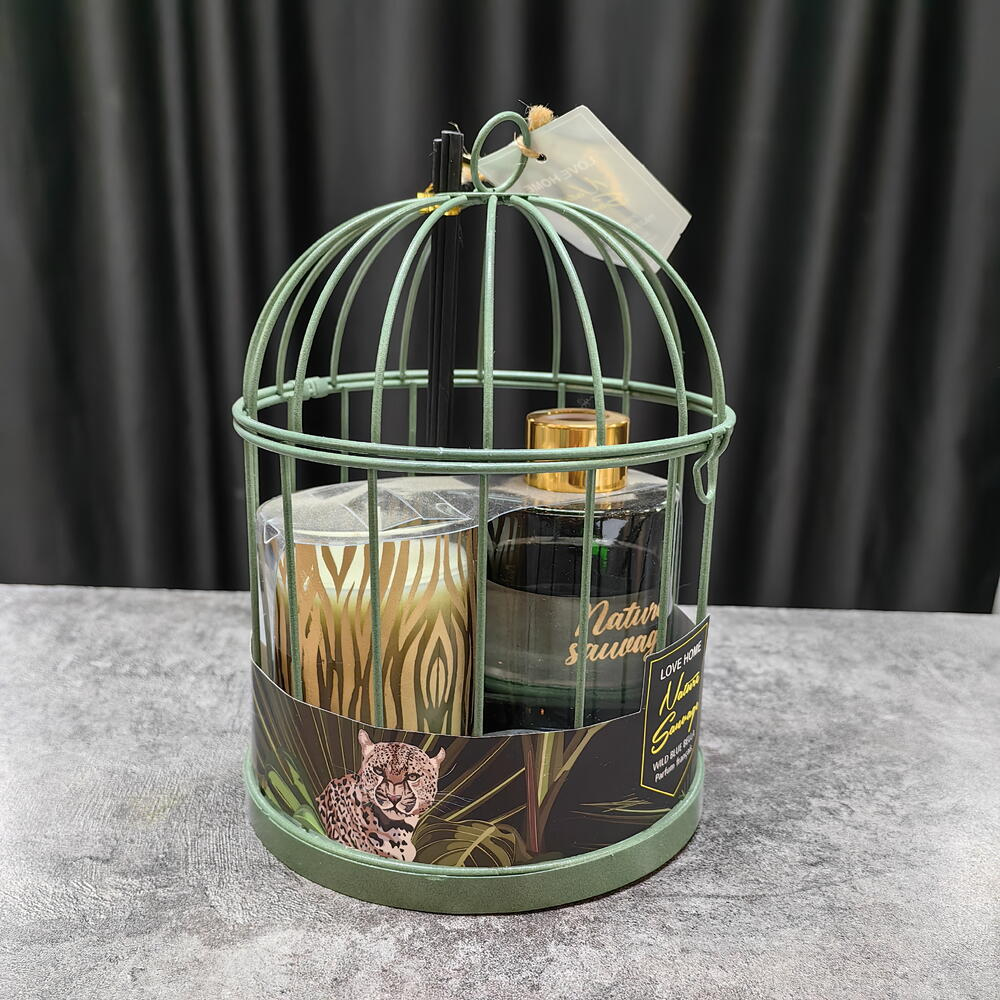 Подарочный набор в клетке диффузор и свеча, дикая черника (код 3000)