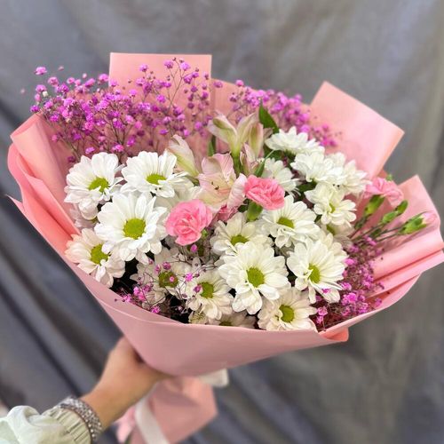 Букет цветов: ромашки, гвоздики, гипсофила (Б223)