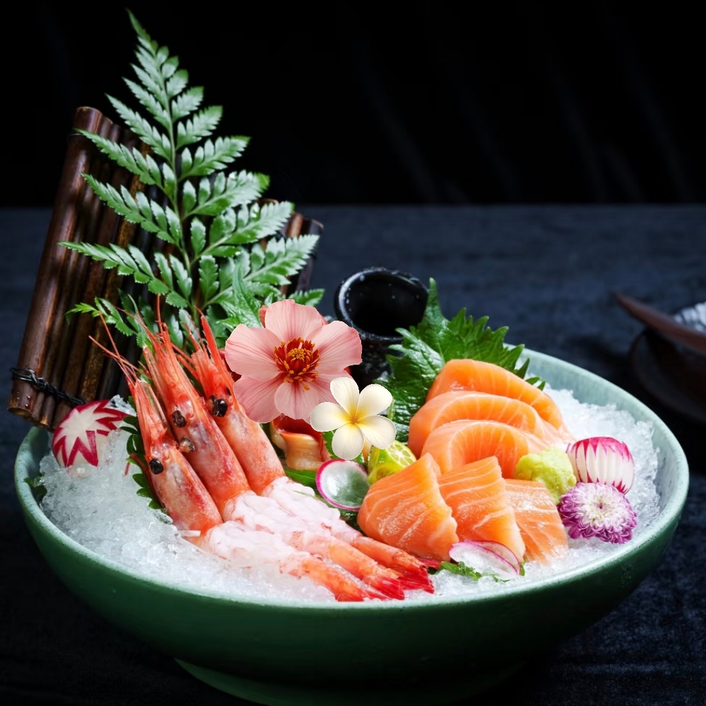 H-50 三文鱼格陵兰下刺身 Сашими из лосося и гренландских креветок.