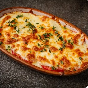 Томаты, запеченные под сулугуни с пряными травами