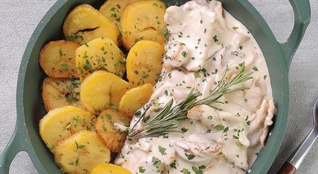 Куриная грудка в сливочном соусе с грибами и жареным картофелем