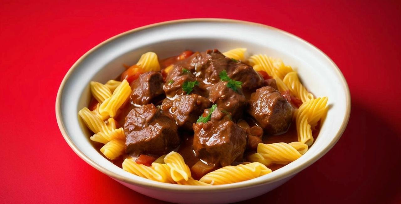 Гуляш из говядины с макаронами