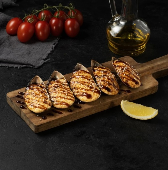 Мидии запеченные гриль