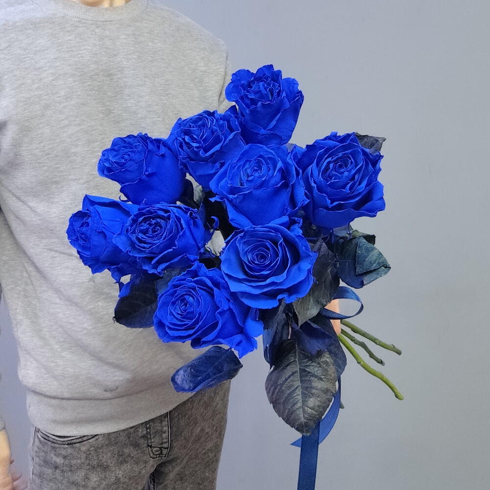 Синие розы | Букет из 9 синих роз под ленточкой