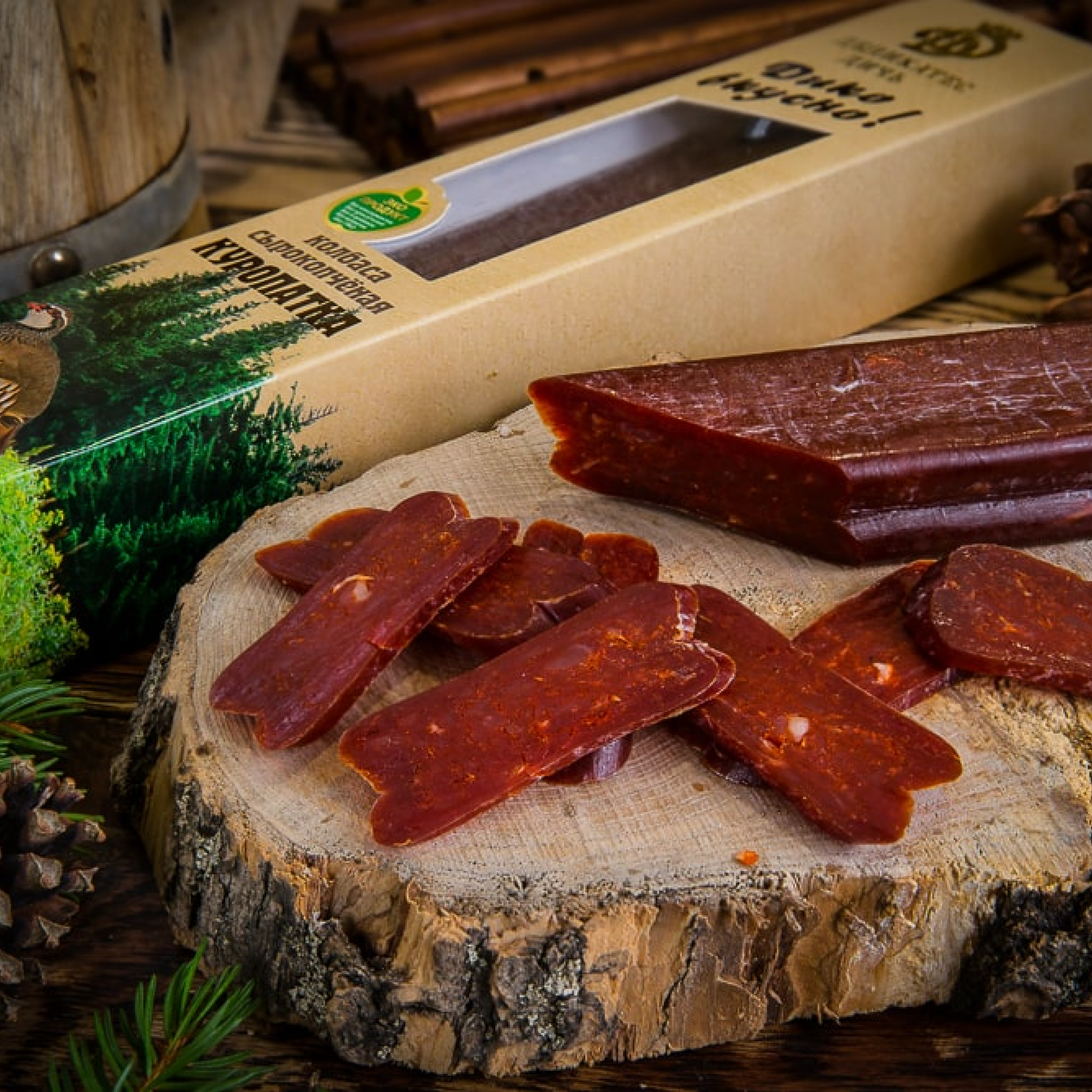 Колбаса, из мяса Куропатки, сырокопчёная, в подарочной упаковке