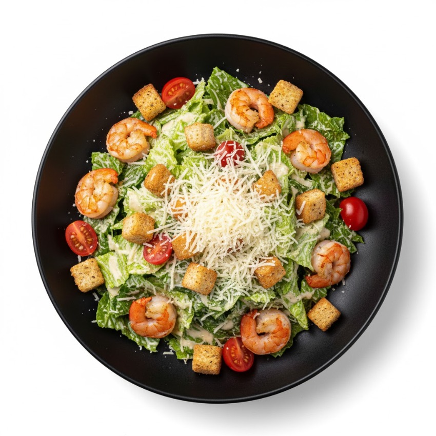 САЛАТ ЦЕЗАРЬ С ТИГРОВЫМИ КРЕВЕТКАМИ