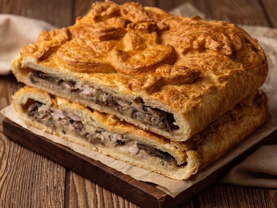 Пирог из слоеного теста с курицей, грибами и сыром 1кг