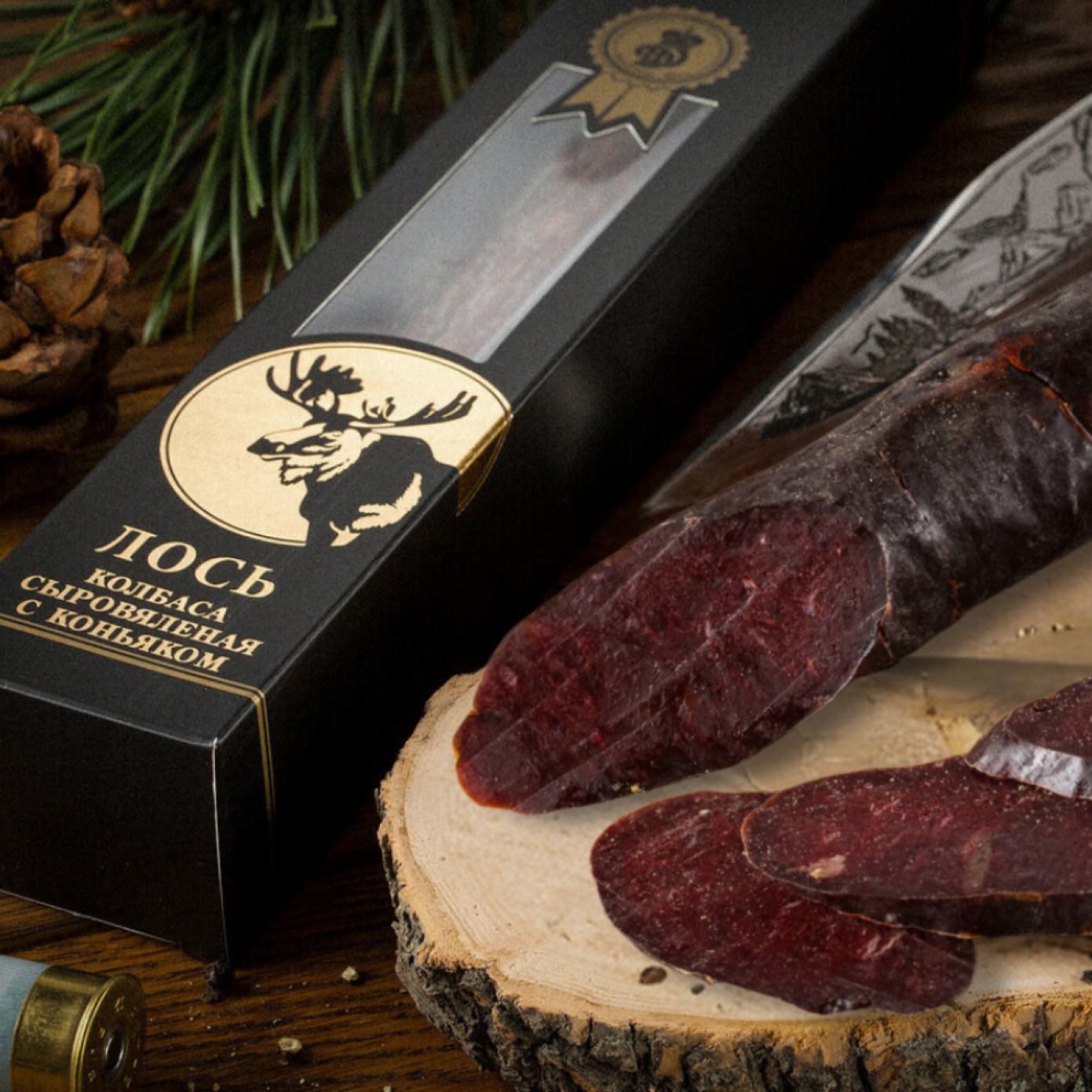 Колбаса, из мяса Лося, сырокопченая, с коньяком, в подарочной упаковке