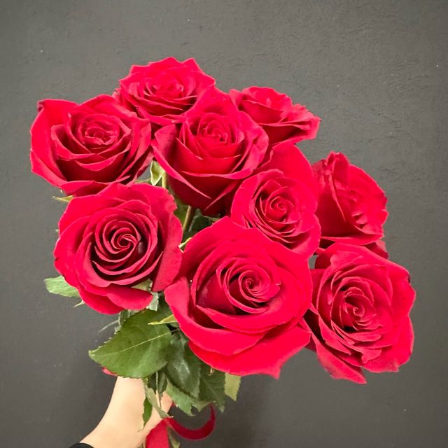 9 бордовых роз на ленте 50-60 см