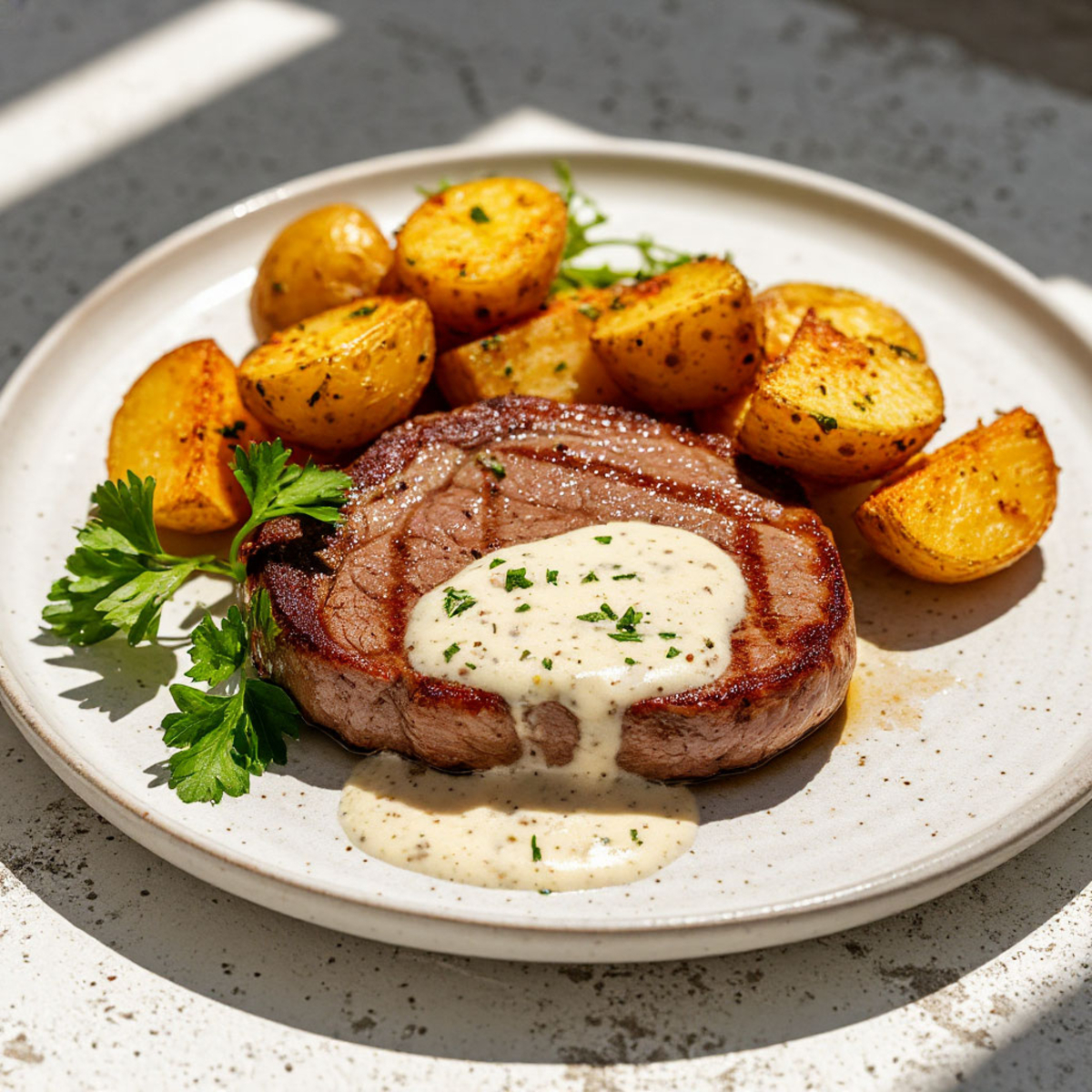 Стейк из свиной шеи с перечным соусом и картофелем по-деревенски