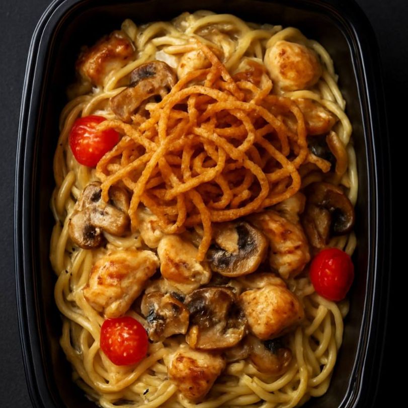 Спагетти с курицей и грибами
