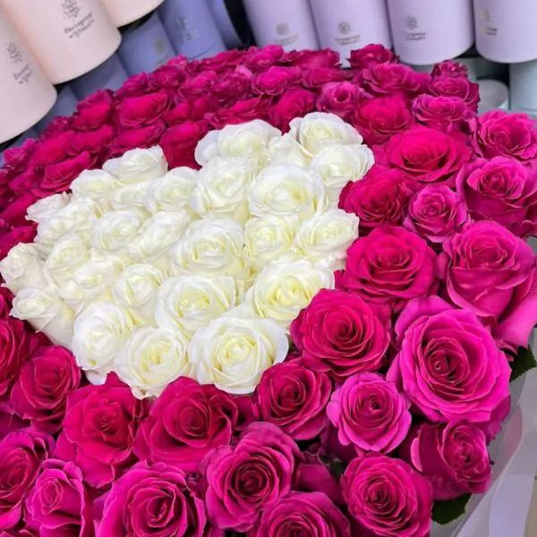 Композиция из 101 белой и малиновой розы в форме сердца в сиреневой коробке