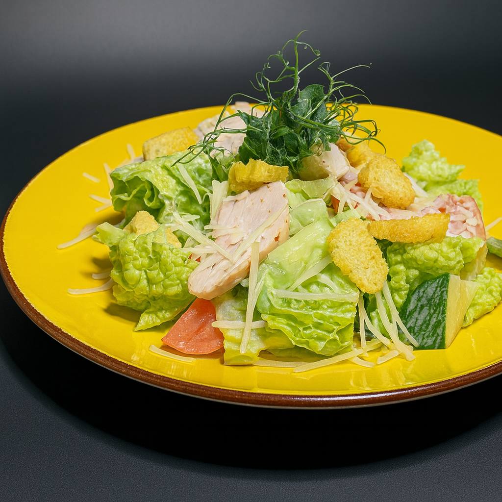 Салат Цезарь с курочкой в тарелке