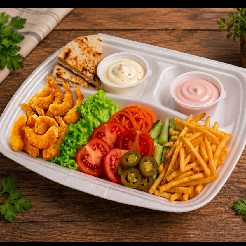 Шаурма на тарелке с креветками и картофелем фри