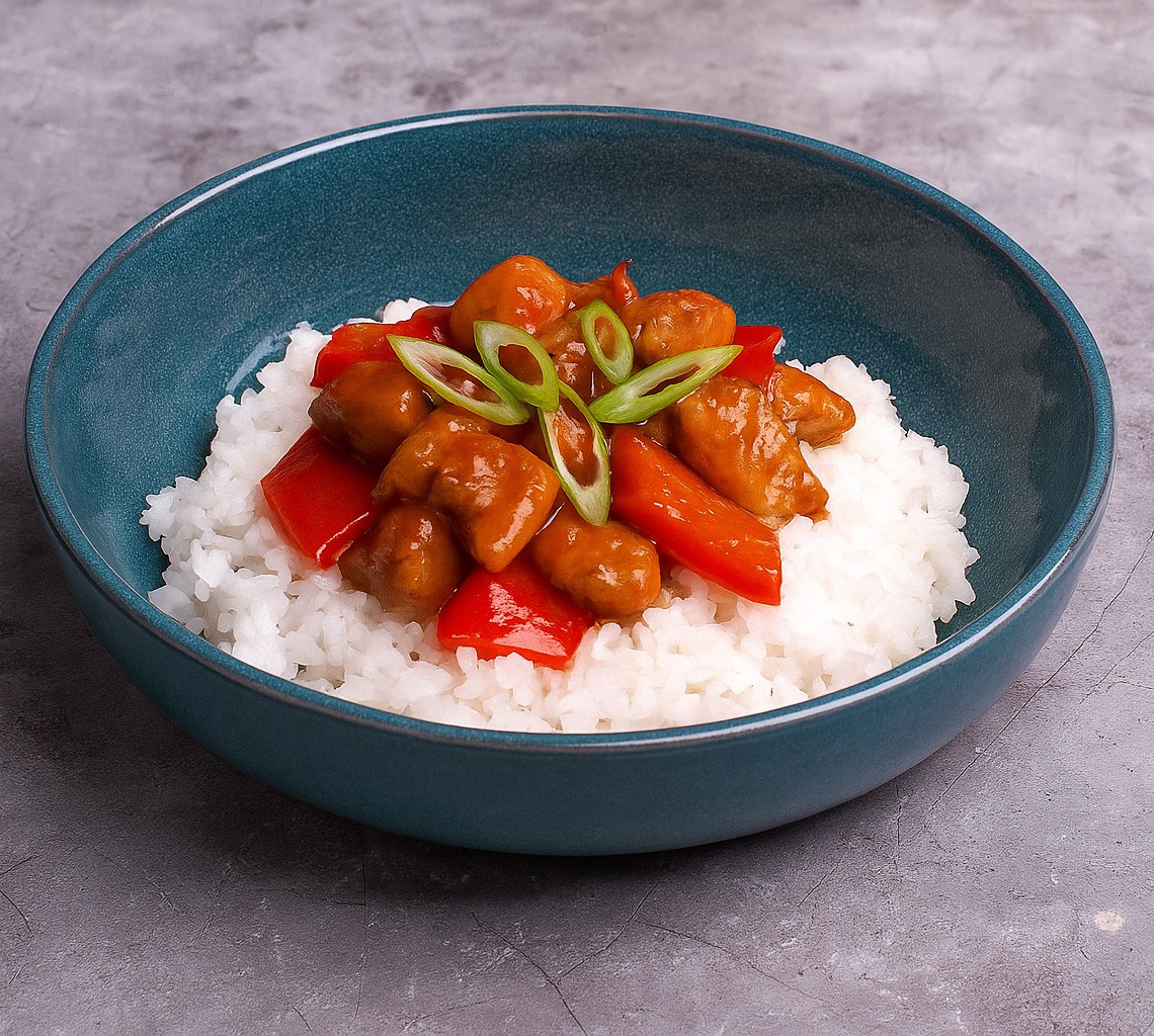 Свинина в кисло-сладком соусе с кокосовым рисом