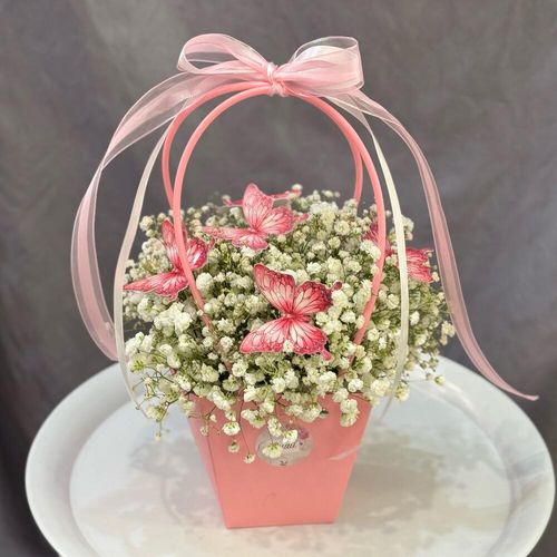 Букет из гипсофилы с бабочками в сумочке (к0040)