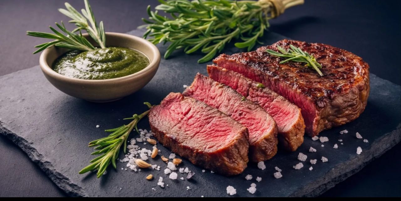 Стейк рибай с битыми огурцами и розмарином