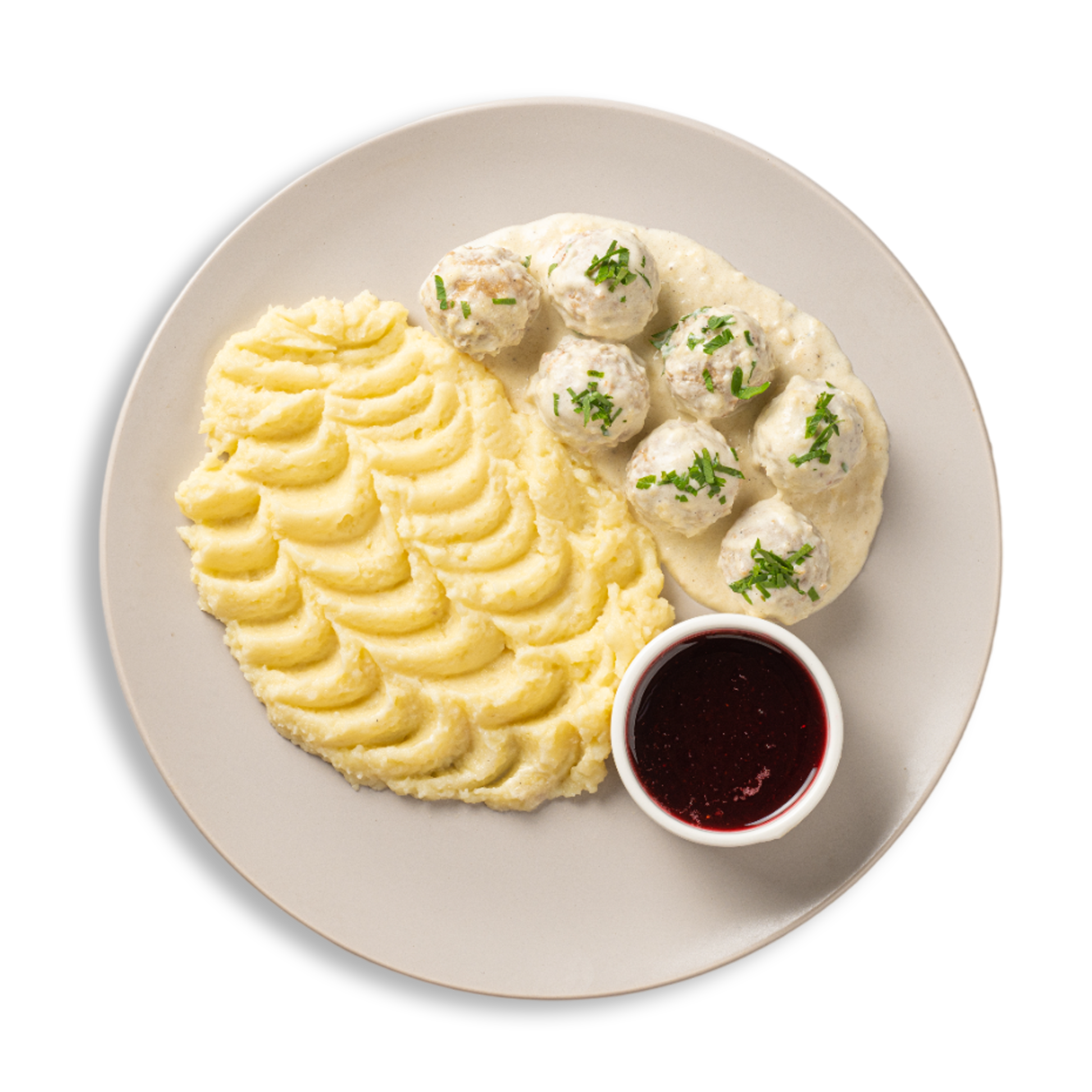 Фрикадельки с пюре и брусничным соусом