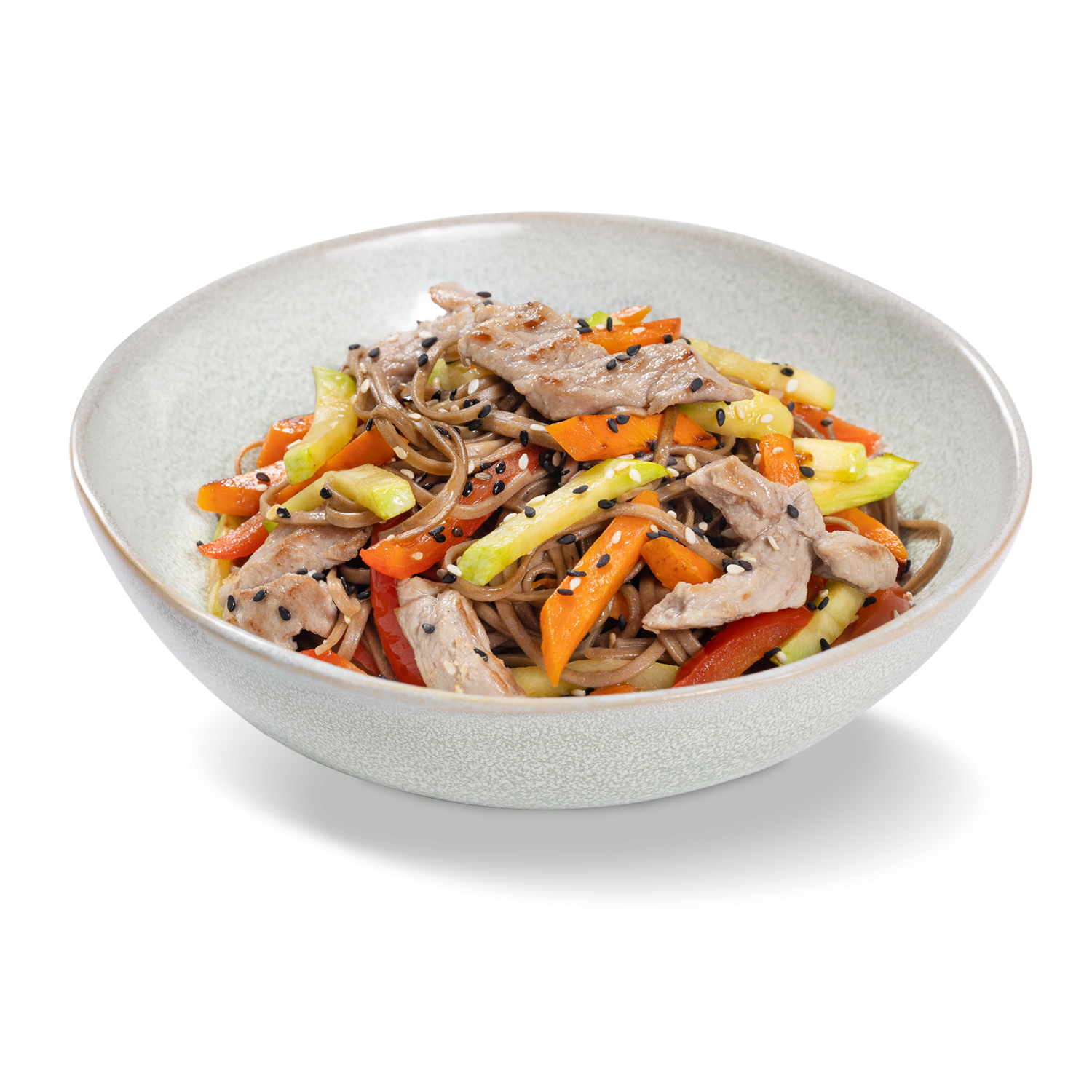 Лапша гречневая со свининой и овощами с соусом терияки