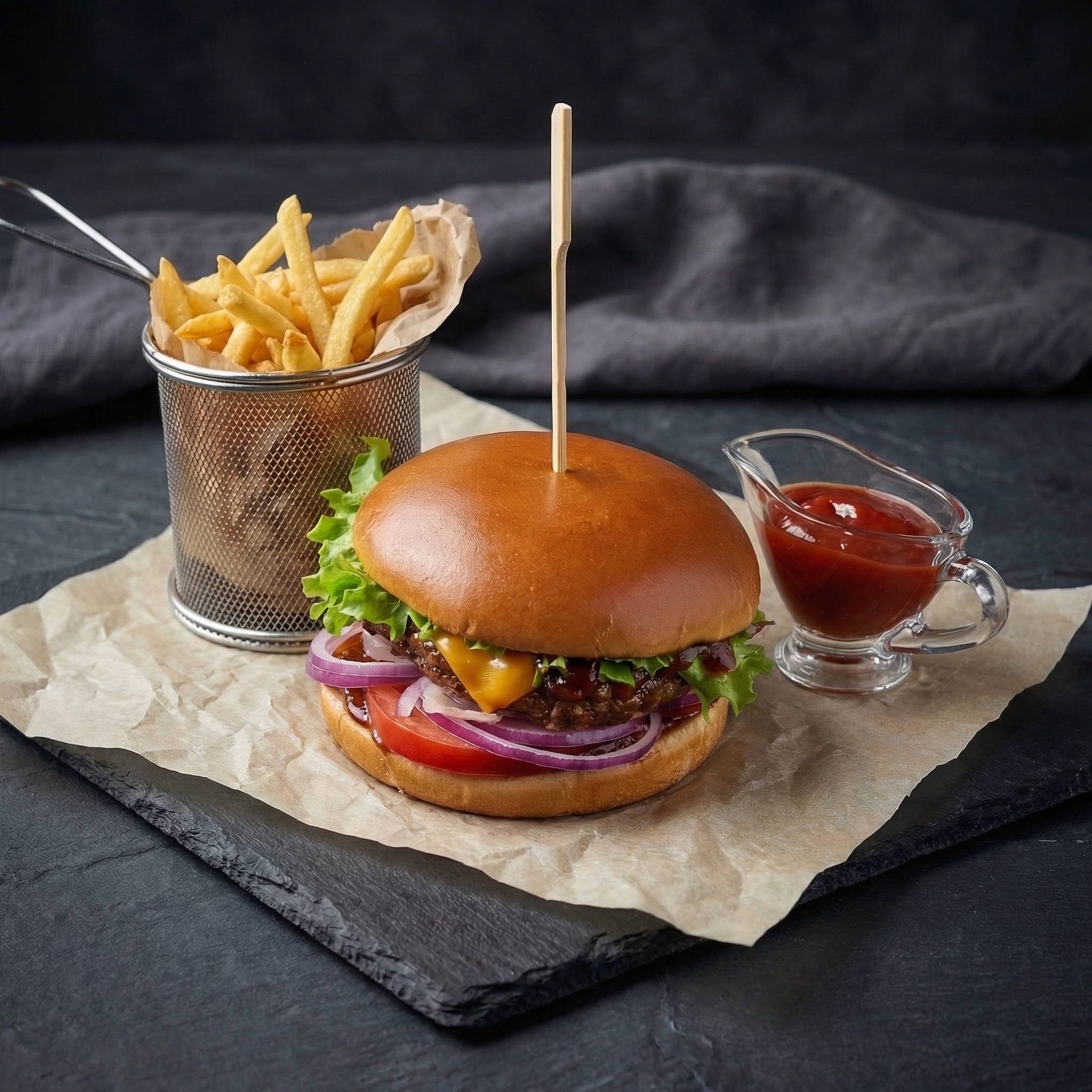 Бургер БИФ от шефа с мраморной говядиной и картофелем фри