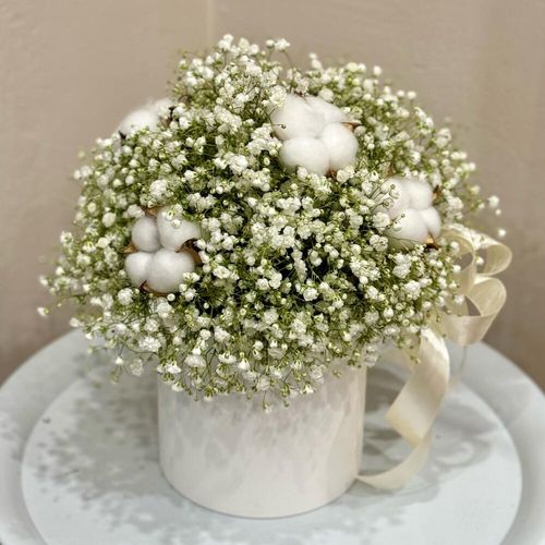 Букет из гипсофилы с хлопком, в коробке (к1903)