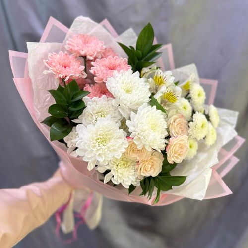 Букет цветов: хризантемы, кустовая Роза, альстромерия (б1787)