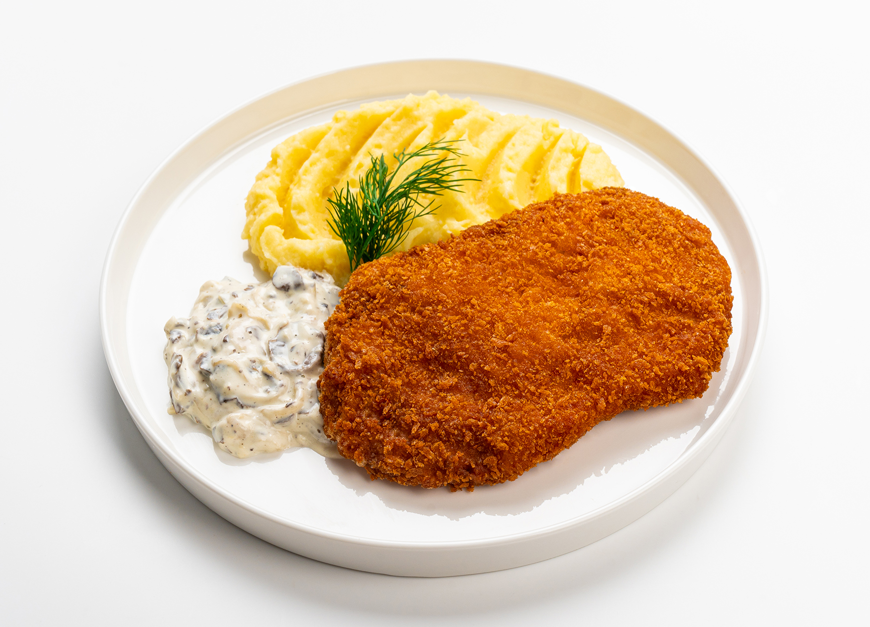 Хрустящий цыпленок с пюре и грибным соусом