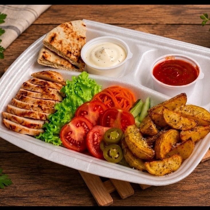 Шаурма на тарелке с курицей и картофелем по-деревенски