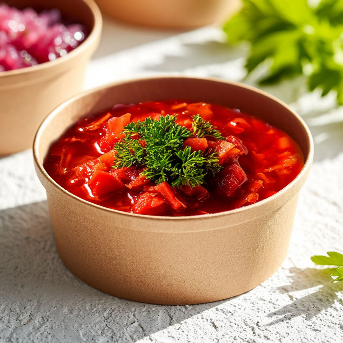 Борщ на говяжьем бульоне с запеченным куриным окороком