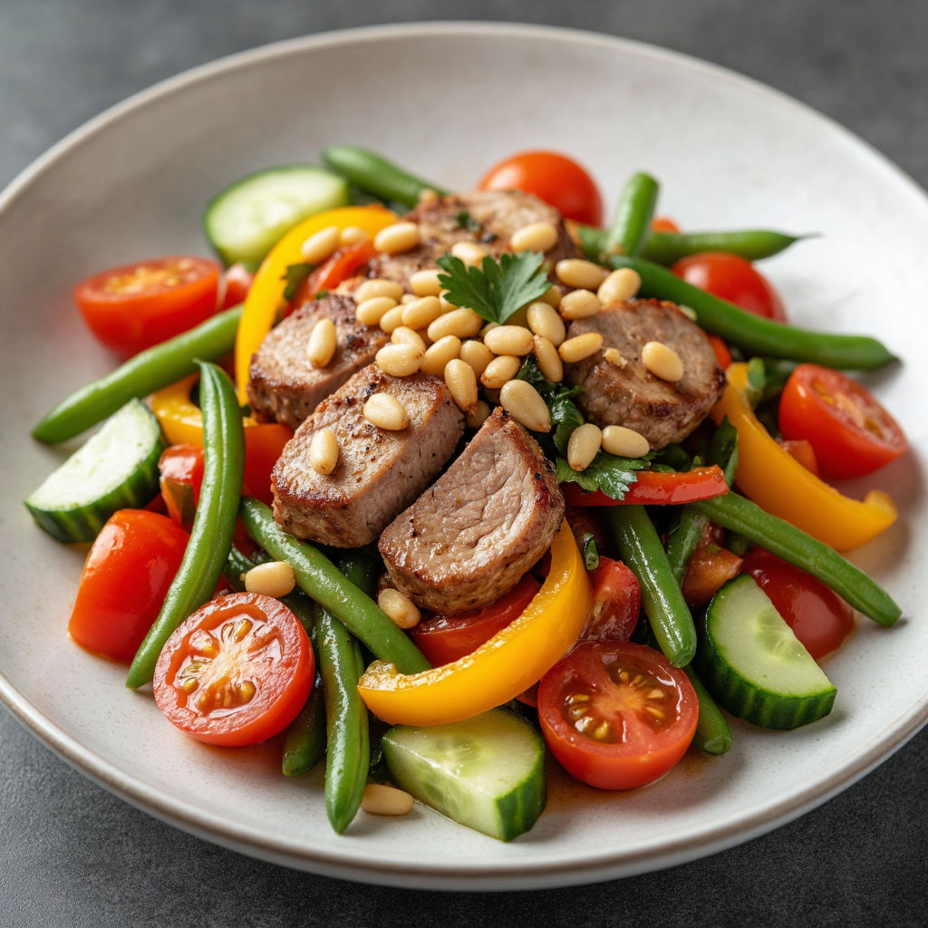 Теплый салат со свининой