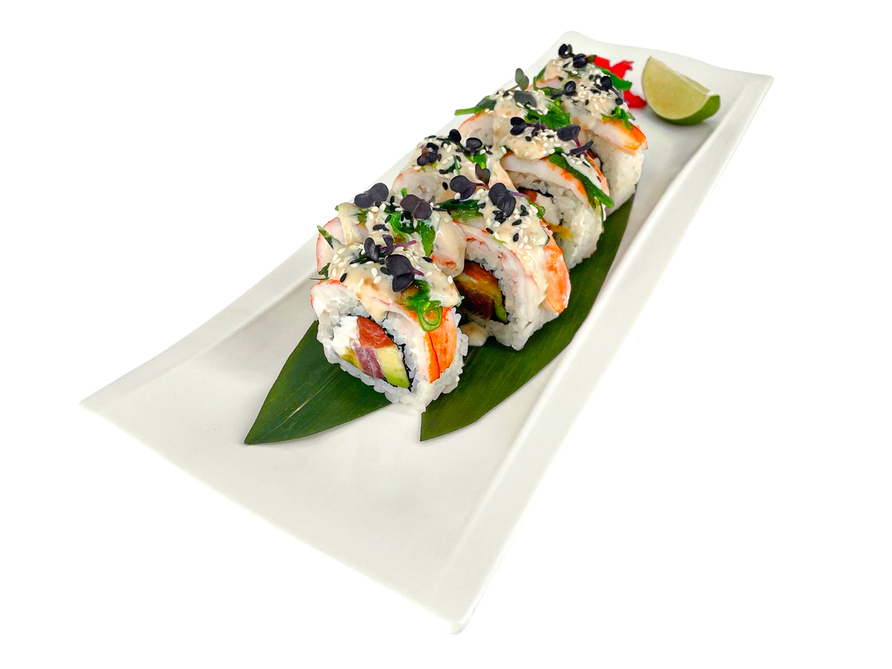 Креветка-лосось -тунец с манго и авокадо