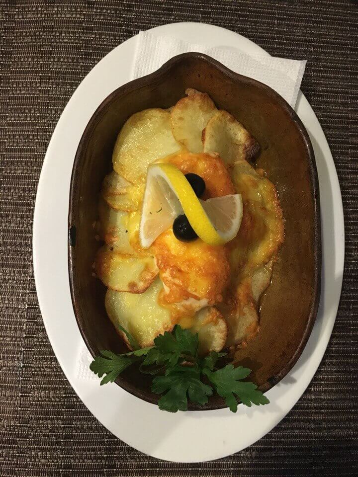 Палтус, запеч. с картофелем и грибами
