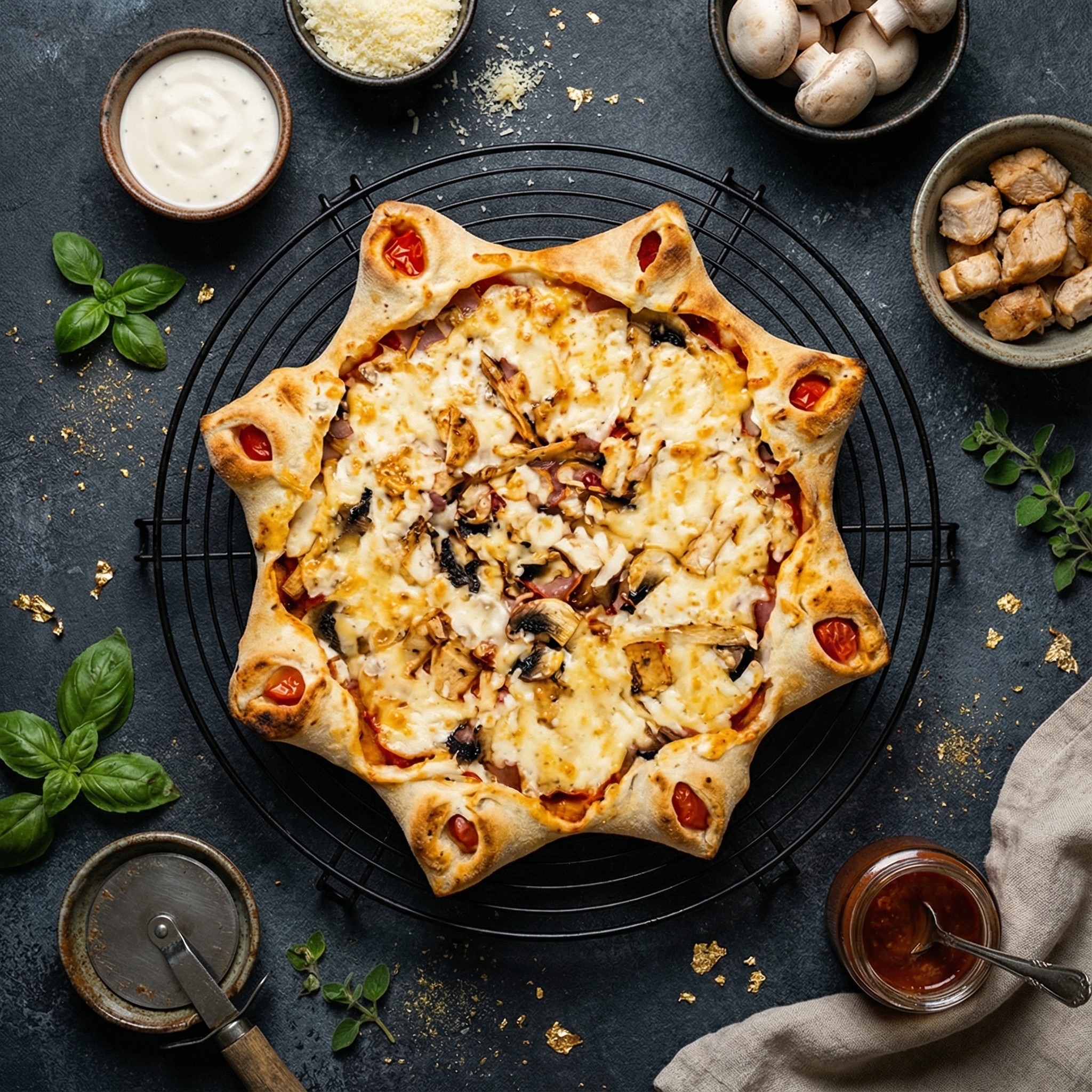 Грибы, ветчина и курица