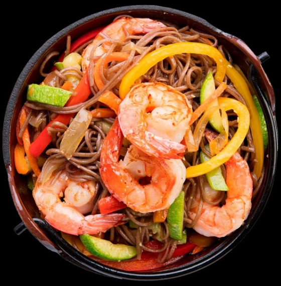 Лапша Гречневая с морепродуктами и овощ