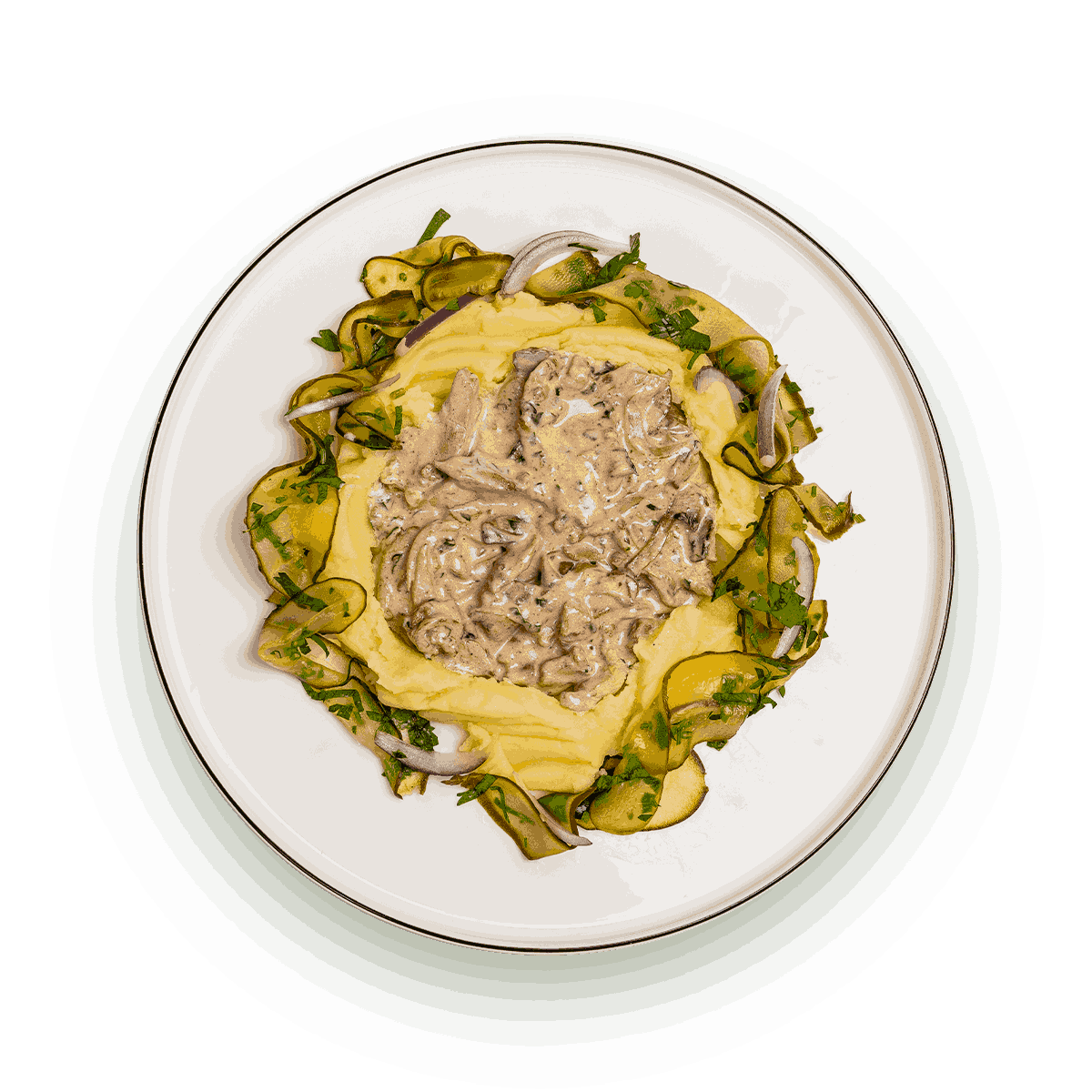 Cтроганов из куриного бедра с картофельным пюре