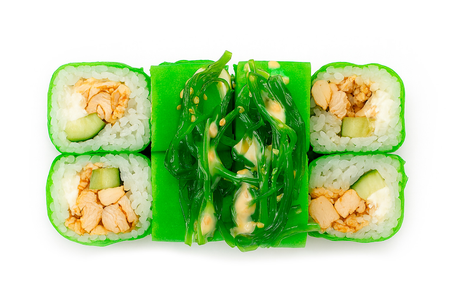 Ролл без нори в тофу с курицей терияки и чукой