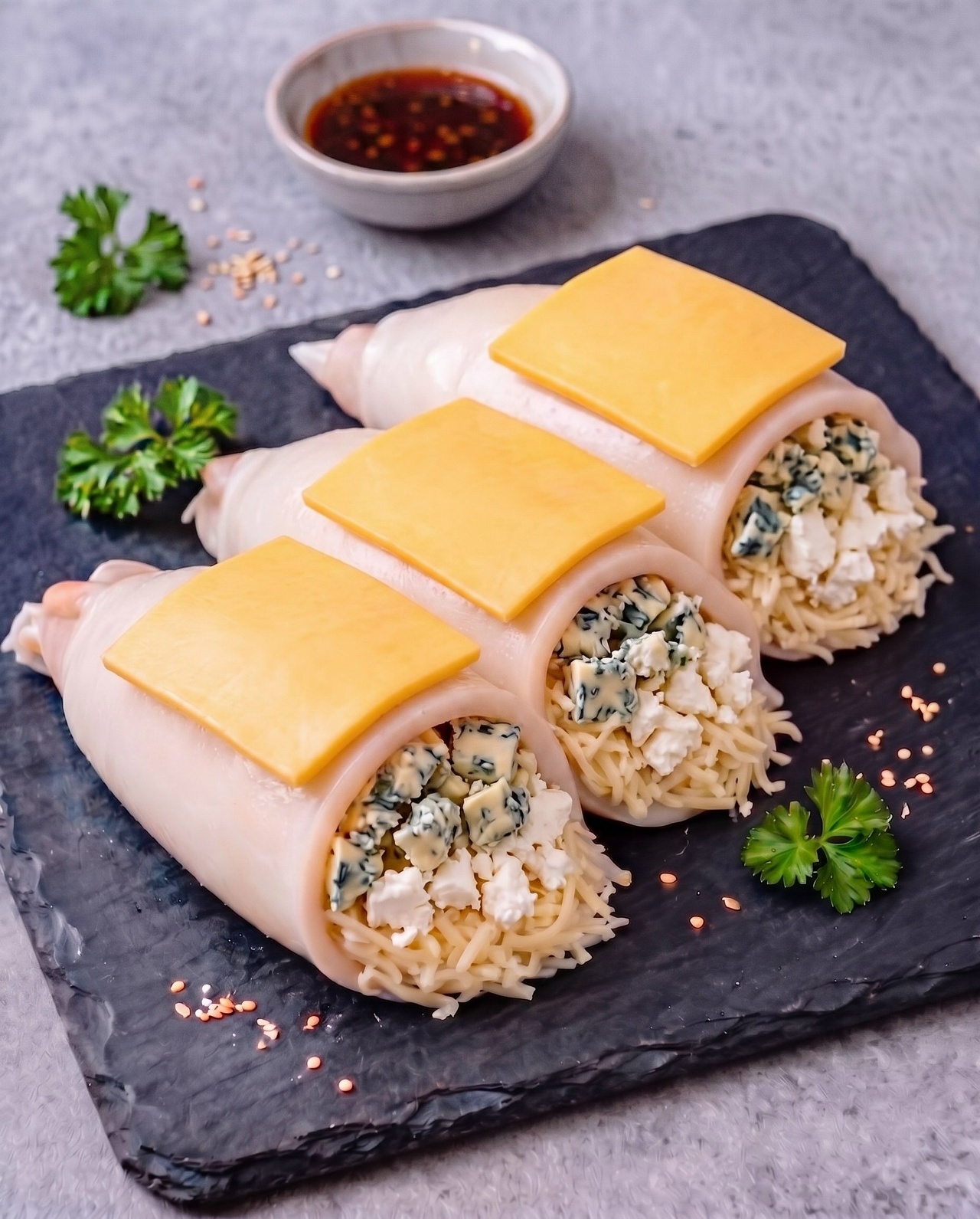 Кальмар фаршированный 4 сыра