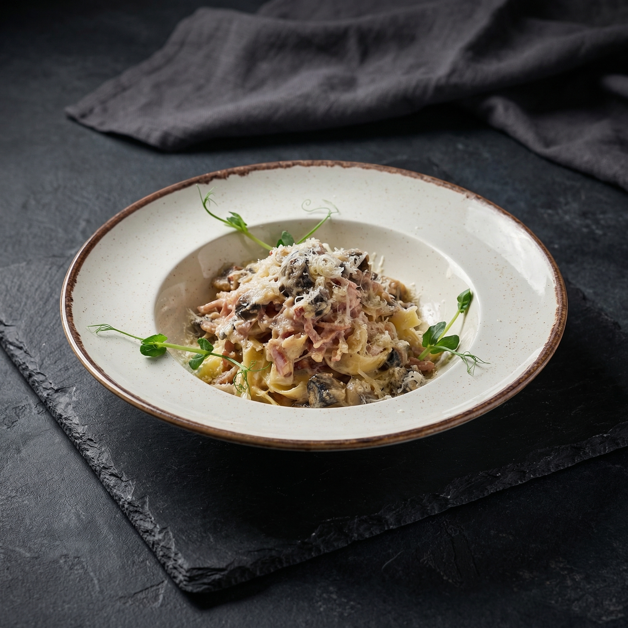 ФЕТУЧИНИ С ВЕТЧИНОЙ И ГРИБАМИ