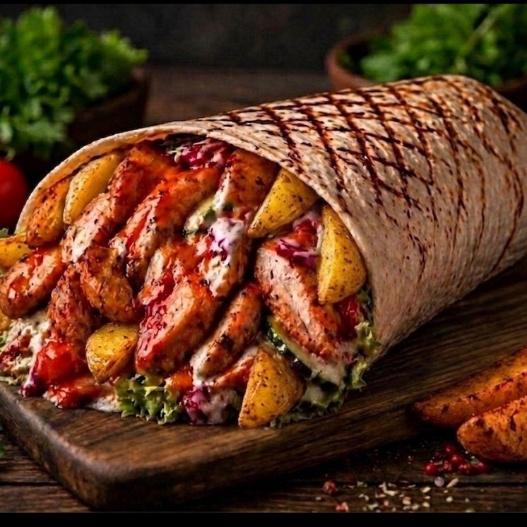 Шаурма с курицей и картофелем по-деревенски