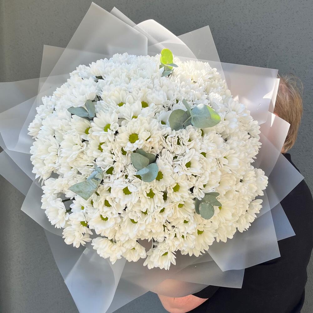 Букет-гигант из 35 веток хризантем «ромашка» и эвкалипта