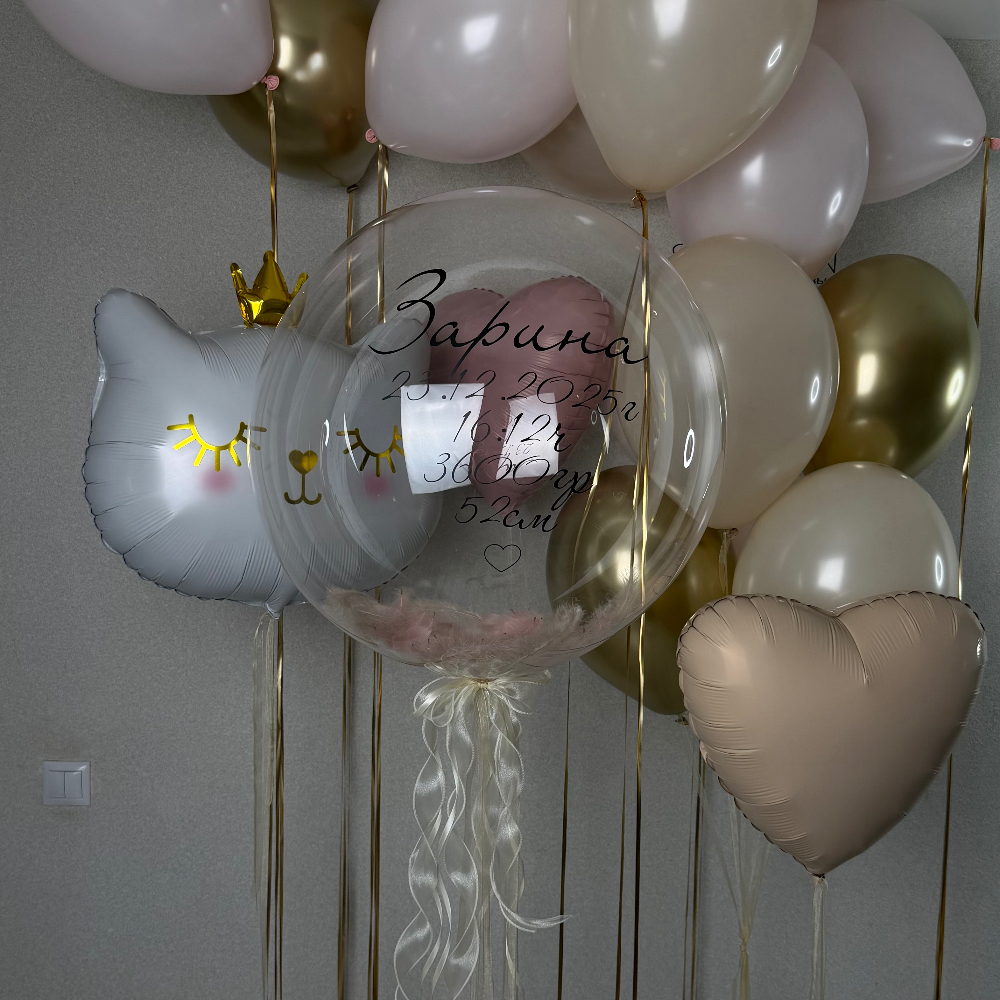 Баблс с любой надписью и перышками, фонтан из шаров, 2 сердца и Кошечка (шарики на выписку)