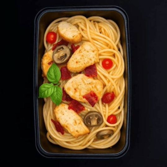 Спагетти с куриным филе и беконом