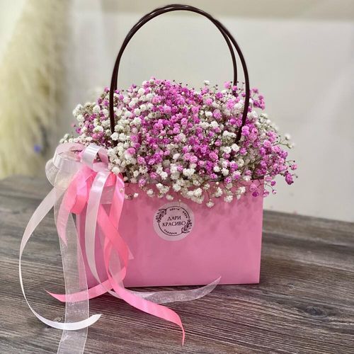 Букет из гипсофилы в сумочке (к1861)