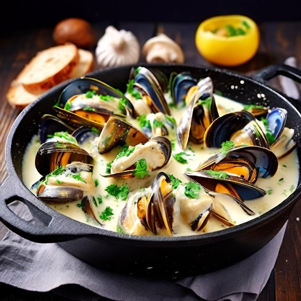 Мидии в сливочно-чесночном соусе(10-13 шт/220гр)