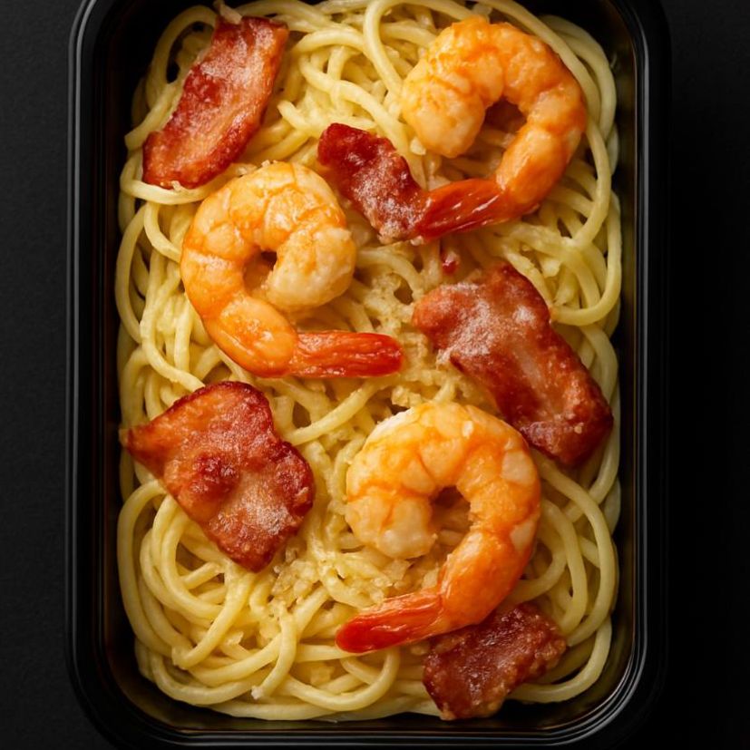 Спагетти с креветками и беконом