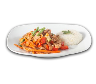 Свинина острая с рисом и овощами