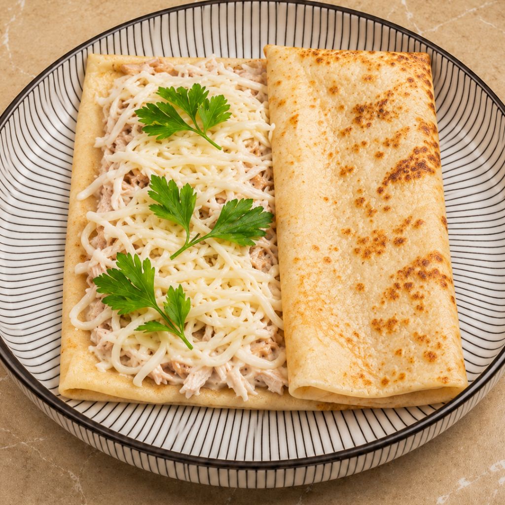 Блин свинина, сыр, грибы, соус сливочный