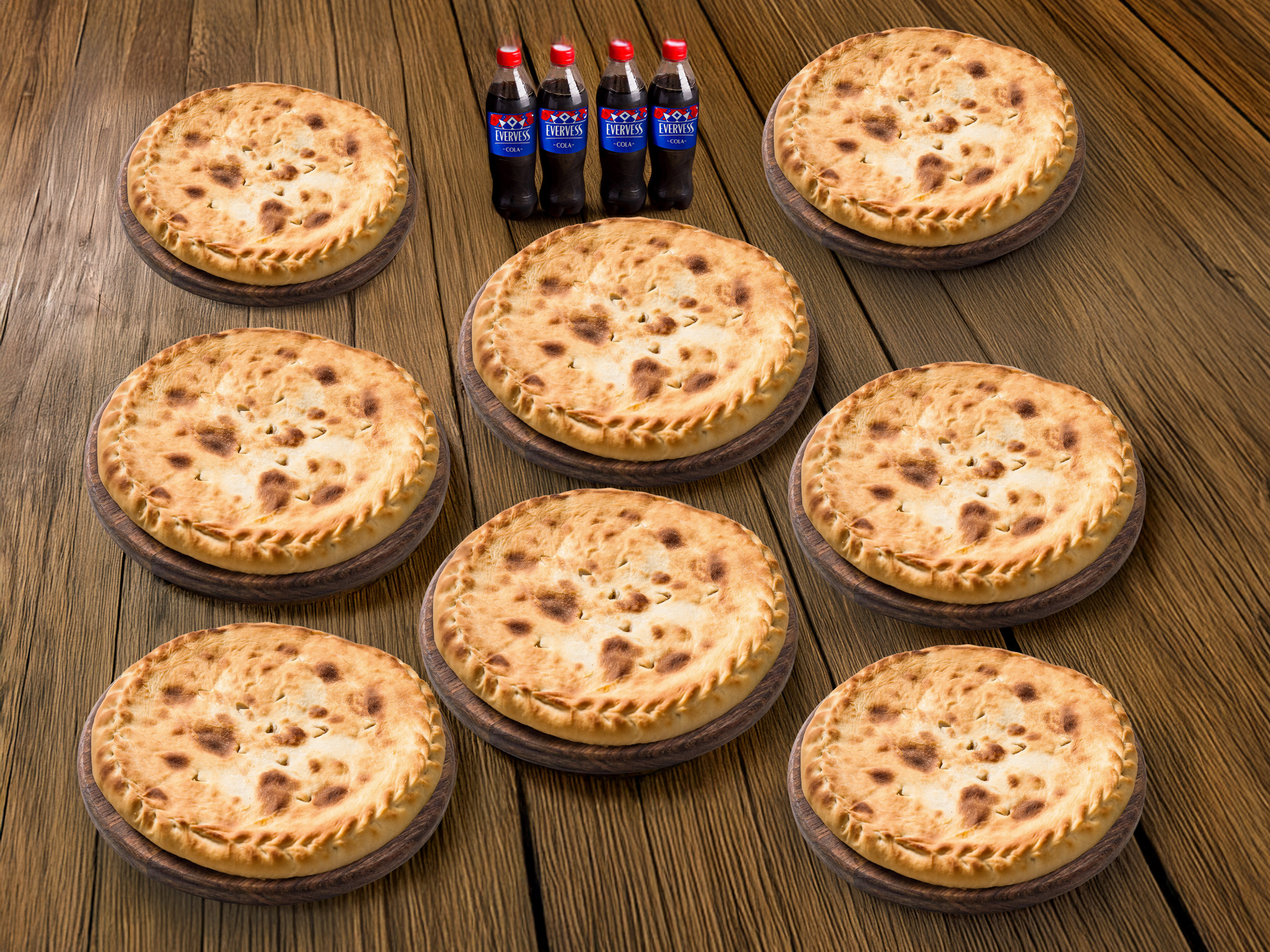 Сырное комбо 2ХХL : 8 пирогов Evervess Кола 4 штуки по 1 л 